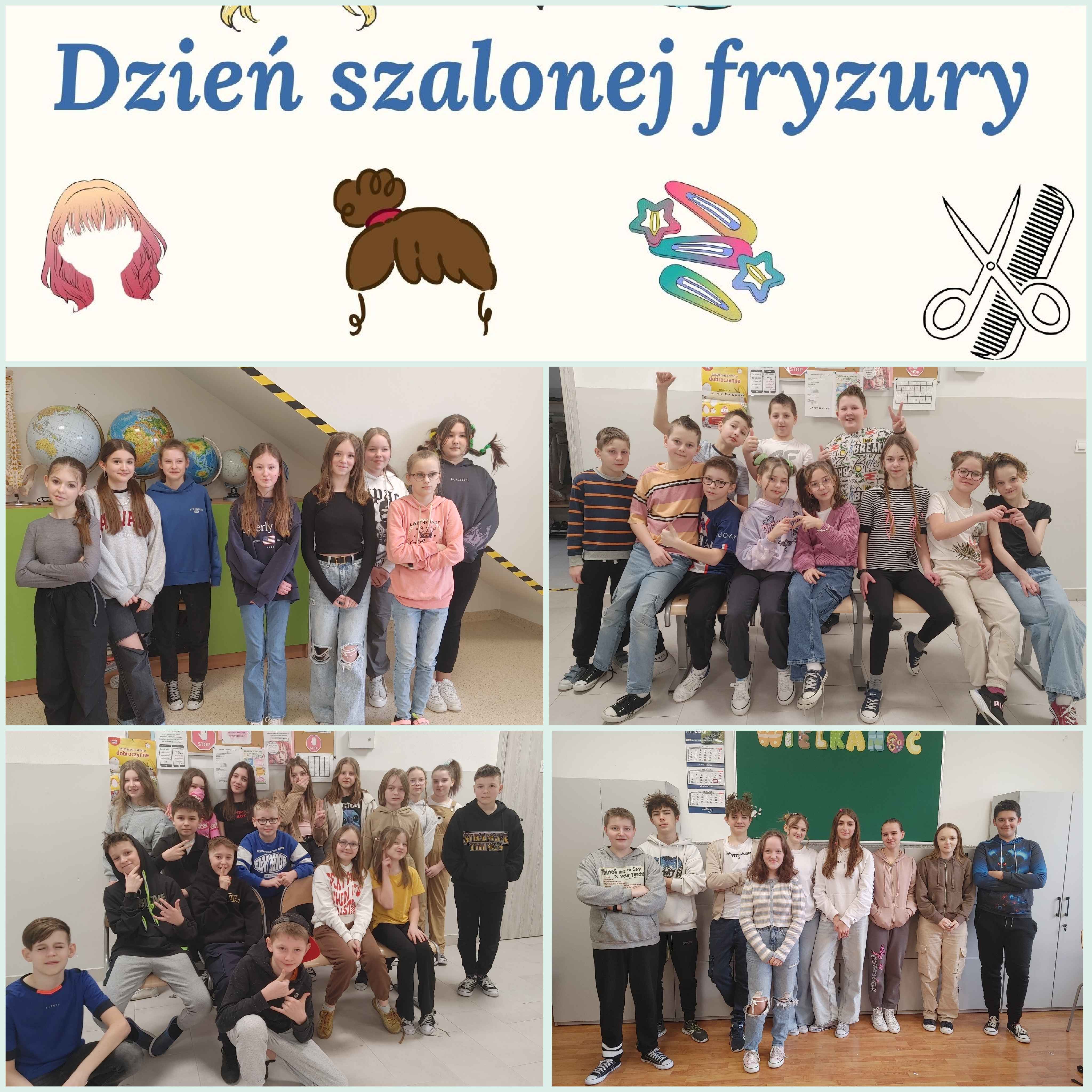 Zdjęcie przedstawia uczniów klas 4-8 z szalonymi fryzurami.